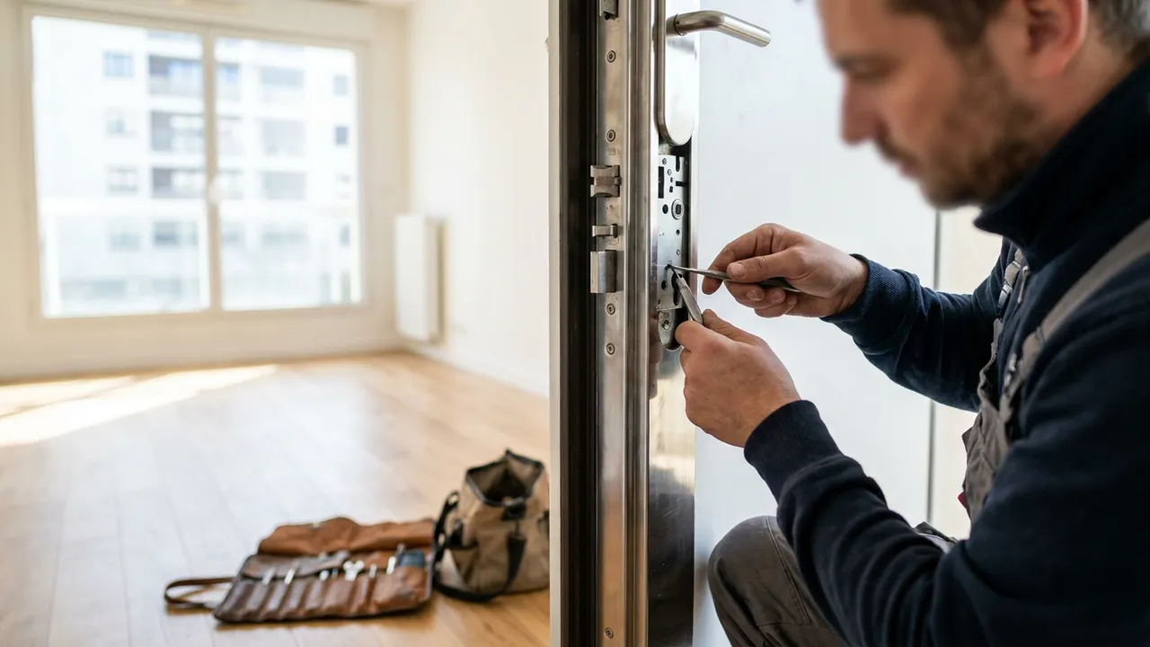 Serrurier réglant les points de fermeture d'une porte blindée dans un immeuble parisien