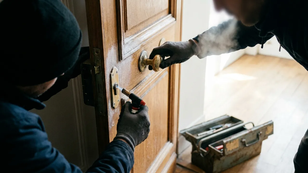 Cylindre de serrure givré sur une porte d'entrée un matin d'hiver à Paris